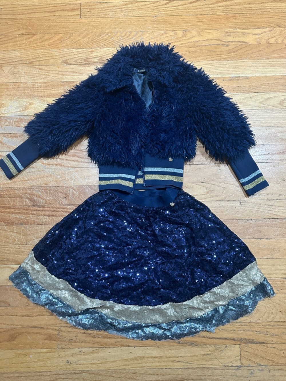 Girls Navy Sequin Skirt & Faux Fur Jacket Matching Set by